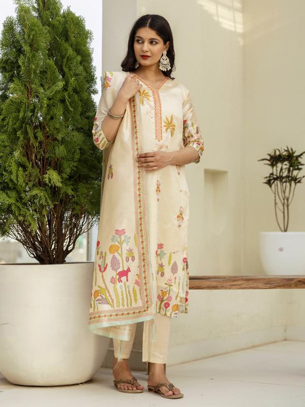 VP 9739 C Cream Floral Print Silk Women Kurta Sets With Printed Dupatta Suits